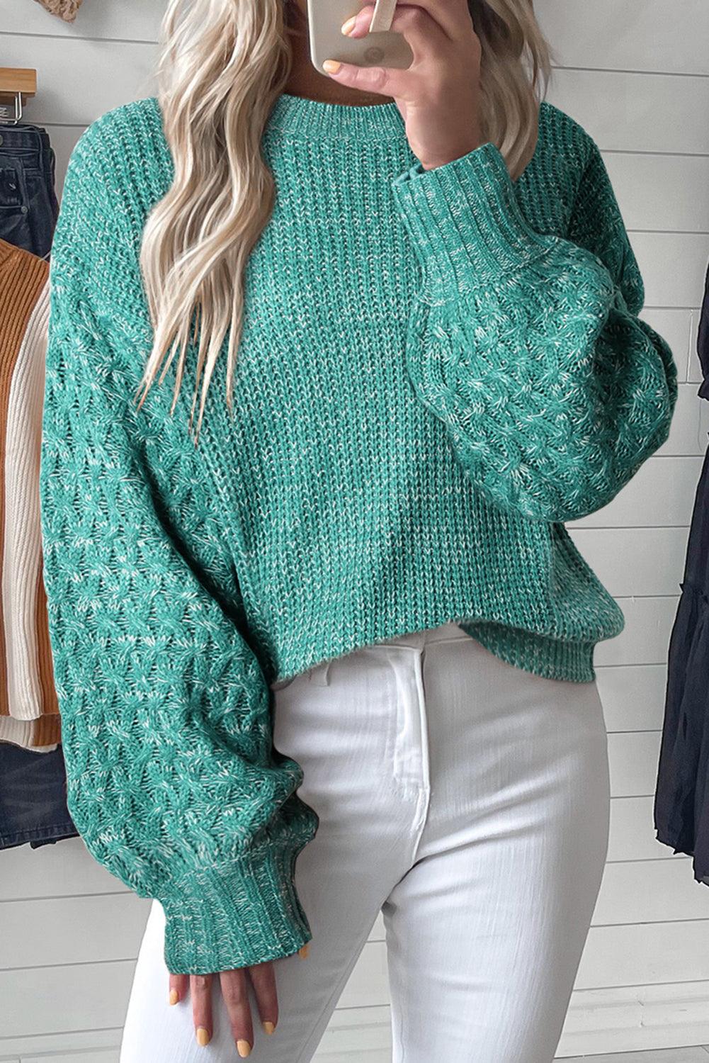 Sea Green Cable Knit Sleeve Drop Shoulder Sweater - L & M Kee, LLC