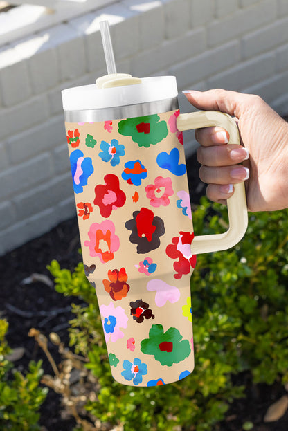 Khaki Flower Print Large Portable Cup with Handle 40OZ