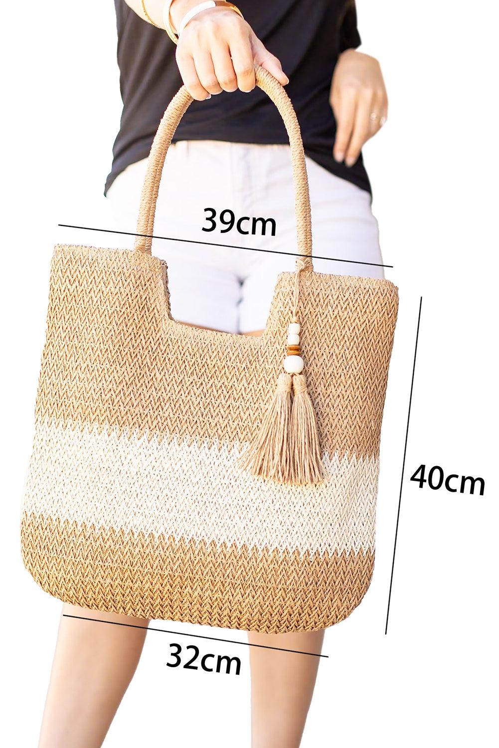 Chestnut Color Block Straw Woven Tassel Decor Tote Bag