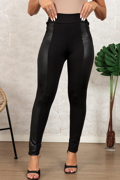 Black Leather Panel Patchwork High Waist Leggings - L & M Kee, LLC