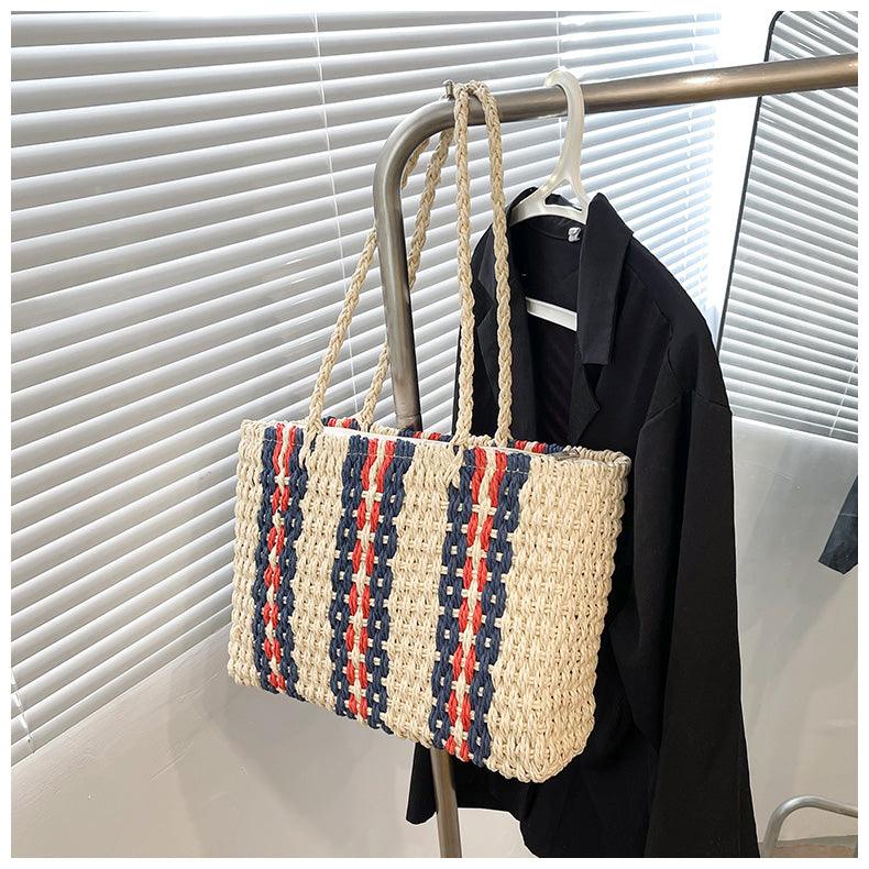 Vertical Striped Shoulder Straw Woven Bag - L & M Kee, LLC