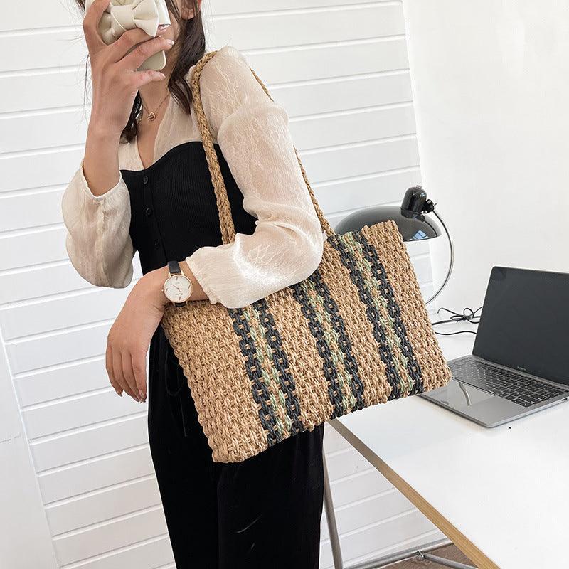 Vertical Striped Shoulder Straw Woven Bag - L & M Kee, LLC