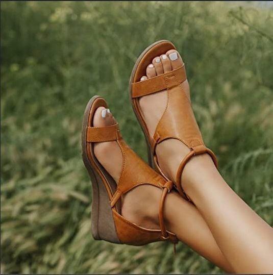 Solid Color Slope Heel Women's Sandals - L & M Kee, LLC