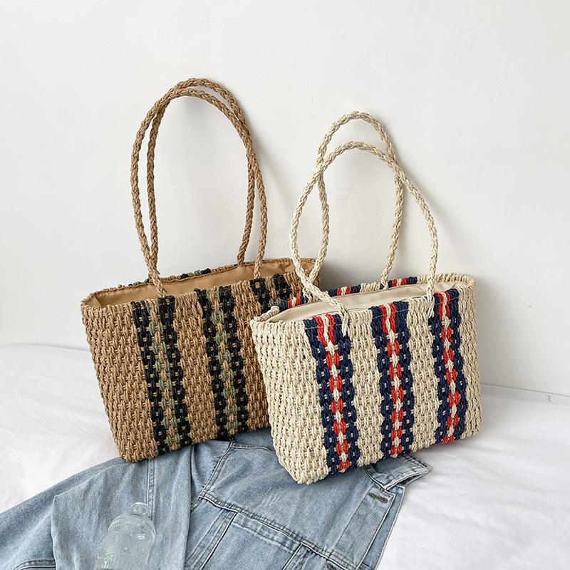 Vertical Striped Shoulder Straw Woven Bag - L & M Kee, LLC