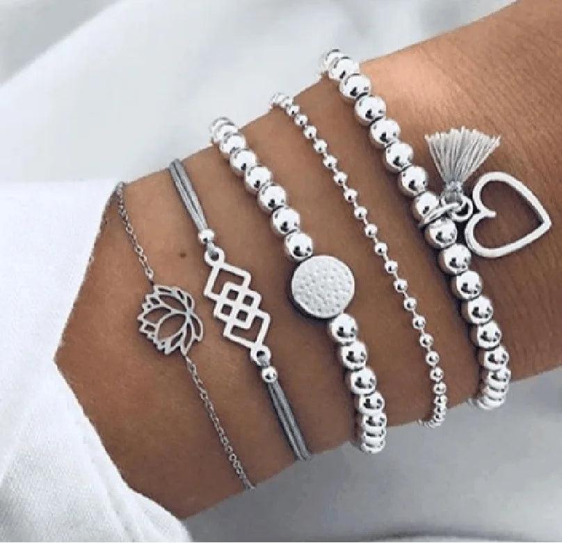 4pcs/Set Bohemian Stone beads chains bracelets Set For Women Metal Heart Round Tassel charm Bangle Fashion Jewelry - L & M Kee, LLC