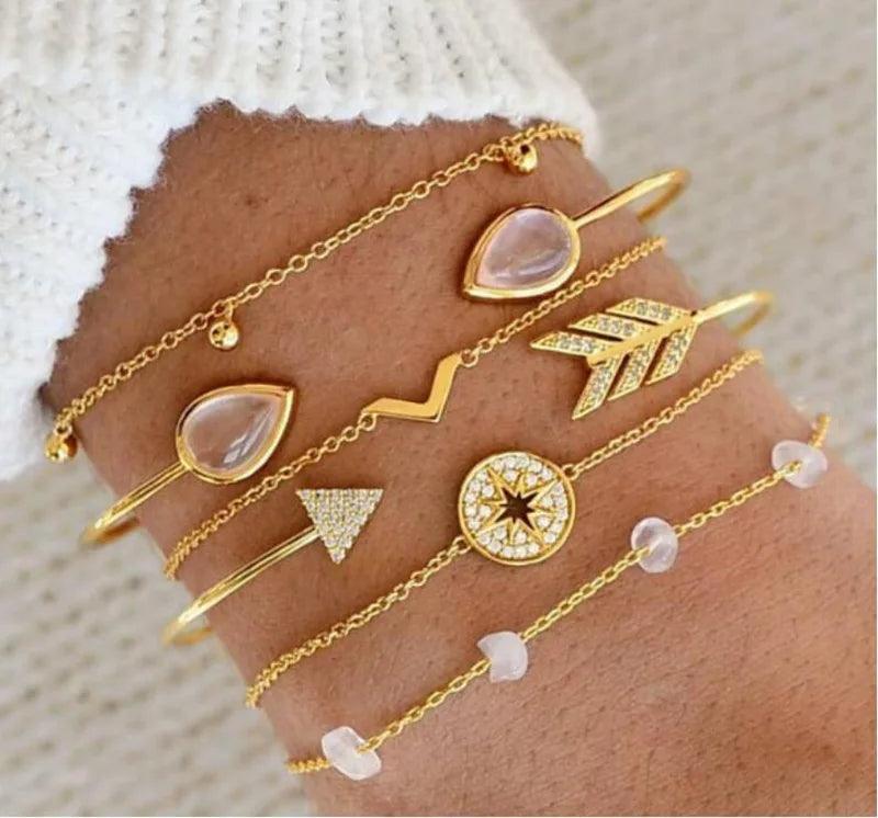 4pcs/Set Bohemian Stone beads chains bracelets Set For Women Metal Heart Round Tassel charm Bangle Fashion Jewelry - L & M Kee, LLC