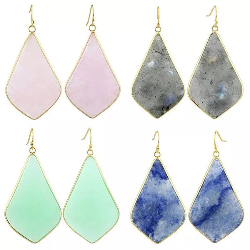 18K Gold Plated Rhombus Shaped Natural Stone Dangle Earrings - L & M Kee, LLC