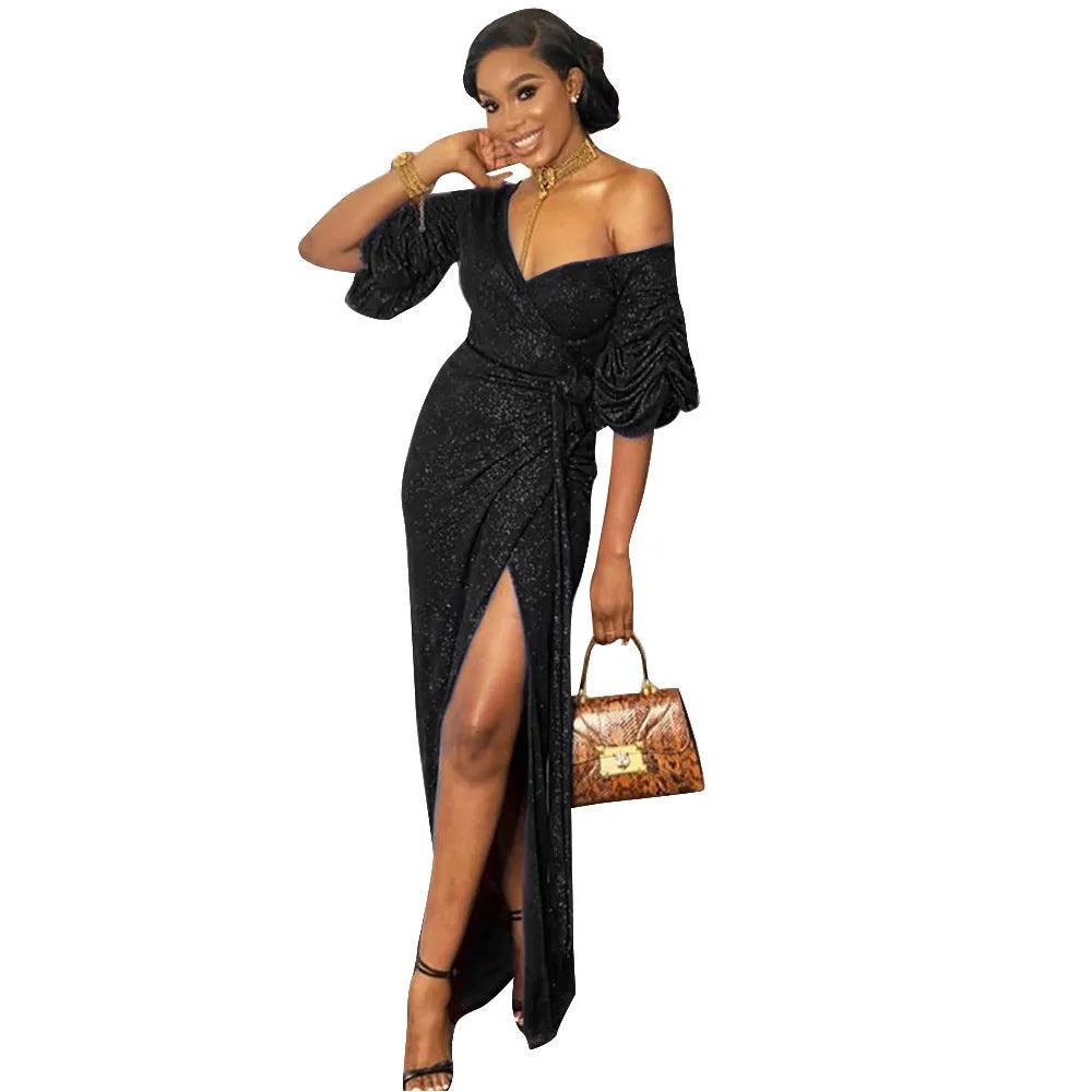 Green/Black Glitter V Neck Off Shoulder Ruched Slit Party Elegant Dress - L & M Kee, LLC