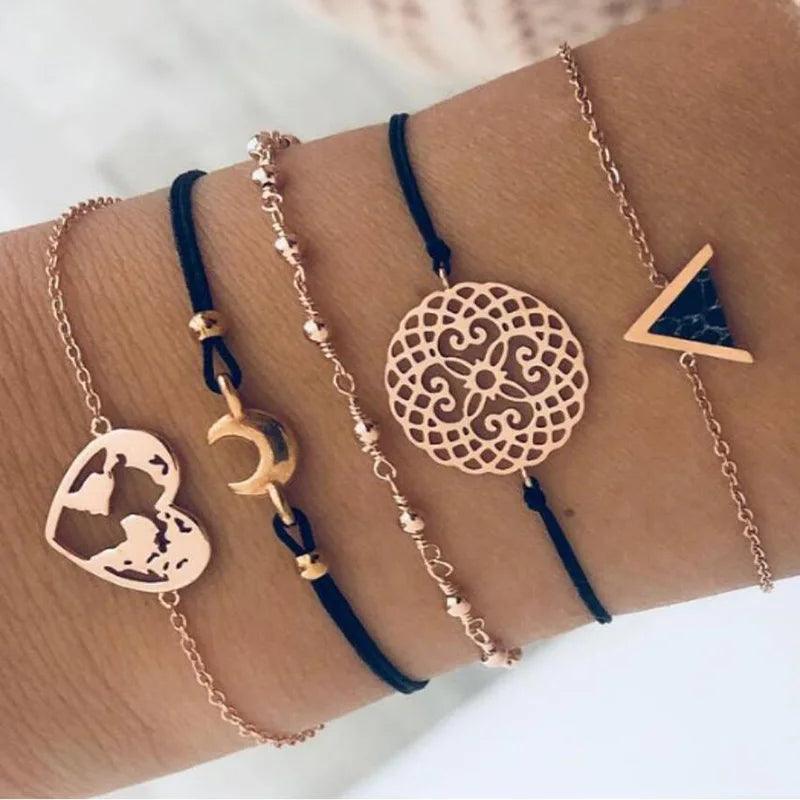 4pcs/Set Bohemian Stone beads chains bracelets Set For Women Metal Heart Round Tassel charm Bangle Fashion Jewelry - L & M Kee, LLC