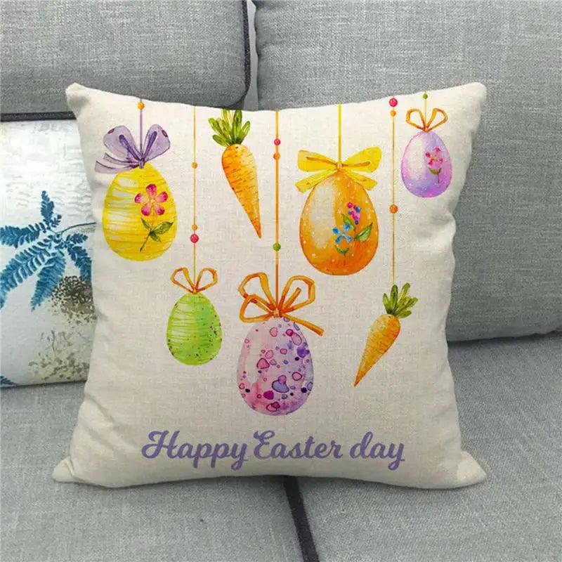 Spring Easter Decorative Cushion Cover 18x18in Pillow Covers Farmhouse Home Decor Cushion Case Eggs Bunny Linen Throw Pillowcase - L & M Kee, LLC