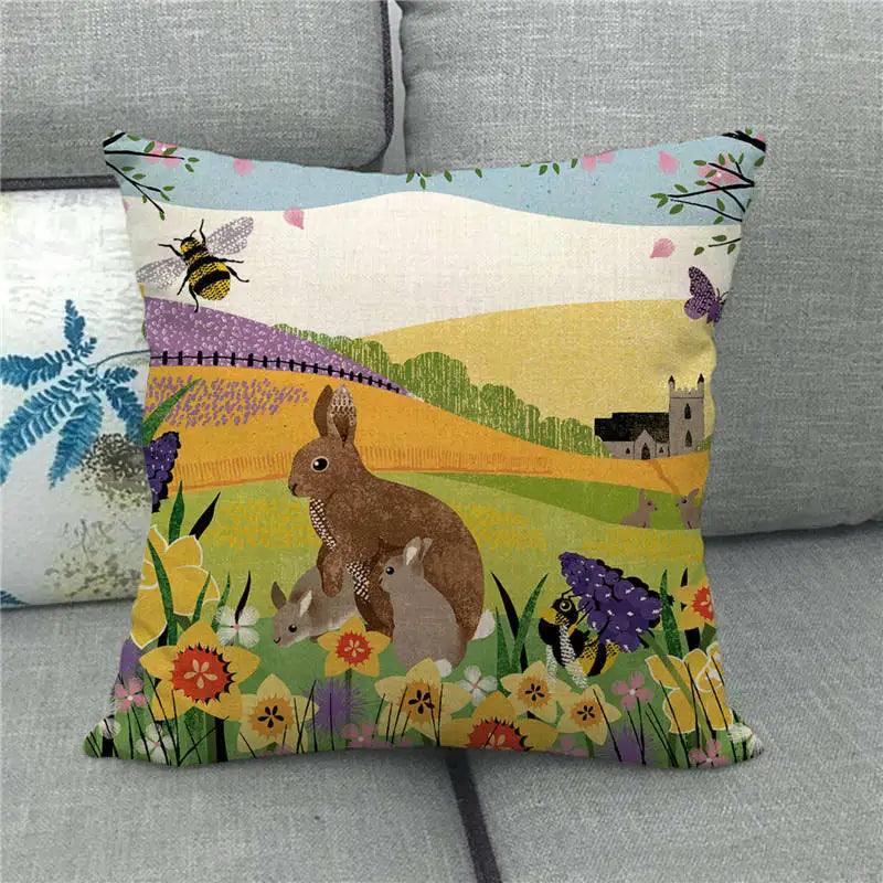 Spring Easter Decorative Cushion Cover 18x18in Pillow Covers Farmhouse Home Decor Cushion Case Eggs Bunny Linen Throw Pillowcase - L & M Kee, LLC