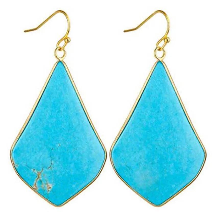 18K Gold Plated Rhombus Shaped Natural Stone Dangle Earrings - L & M Kee, LLC