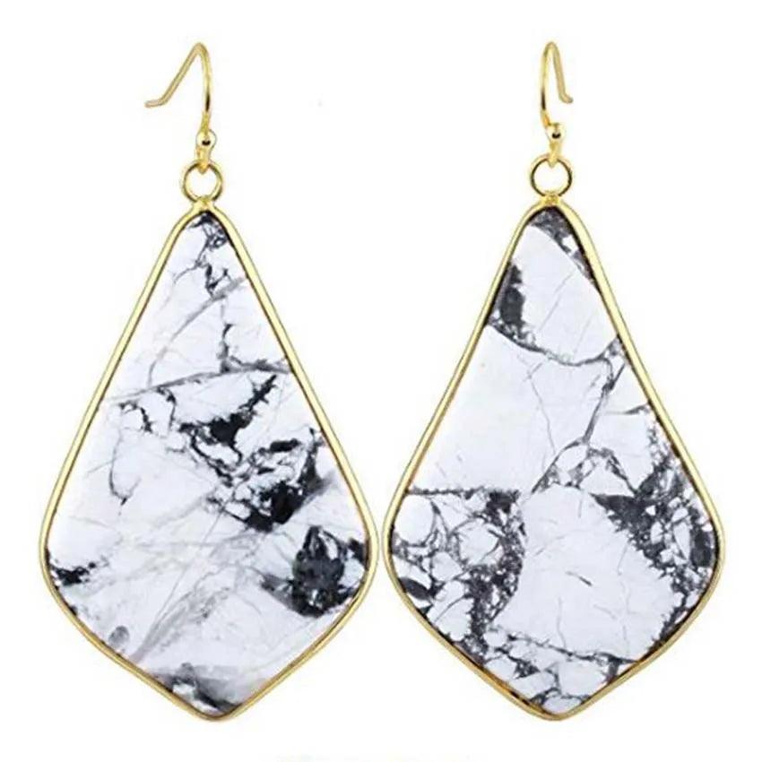 18K Gold Plated Rhombus Shaped Natural Stone Dangle Earrings - L & M Kee, LLC