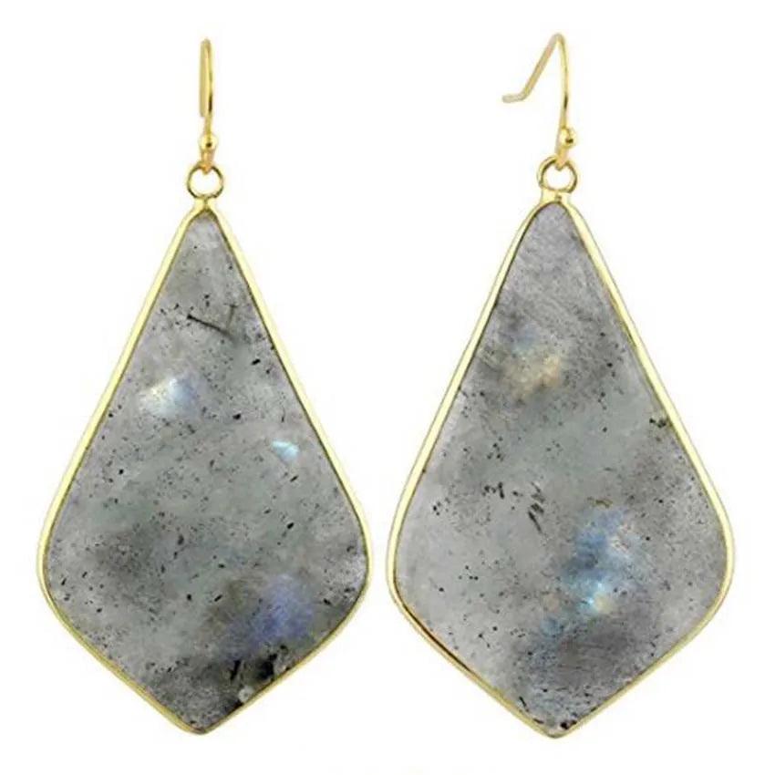 18K Gold Plated Rhombus Shaped Natural Stone Dangle Earrings - L & M Kee, LLC