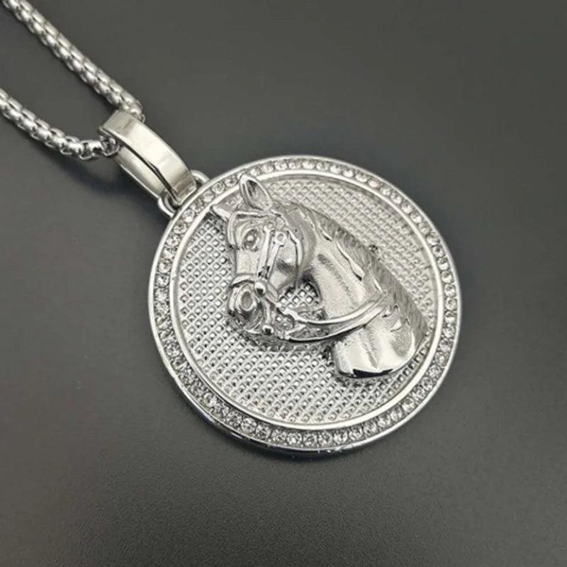 Hip Hop Ice Out Golden Horse Head Pendant Horseshoe Necklace for Men Personality Charm Fashion Rock Party Jewelry - L & M Kee, LLC