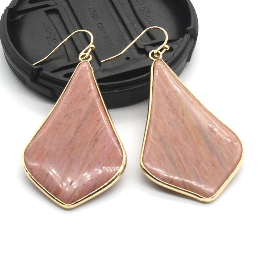 18K Gold Plated Rhombus Shaped Natural Stone Dangle Earrings - L & M Kee, LLC