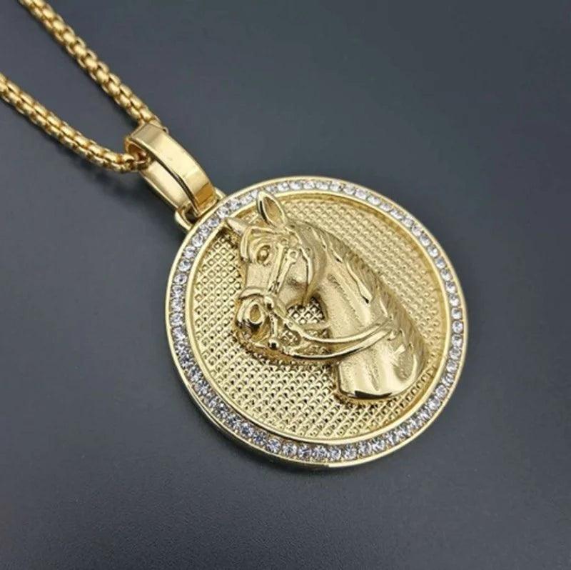 Hip Hop Ice Out Golden Horse Head Pendant Horseshoe Necklace for Men Personality Charm Fashion Rock Party Jewelry - L & M Kee, LLC