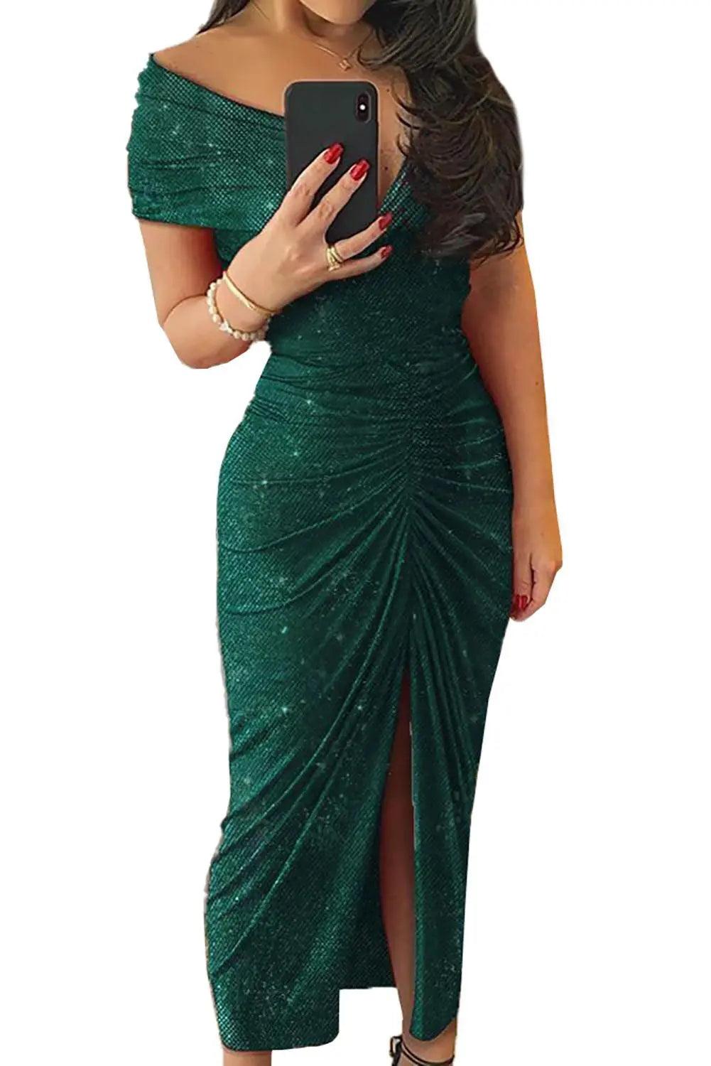 Green/Black Glitter V Neck Off Shoulder Ruched Slit Party Elegant Dress - L & M Kee, LLC