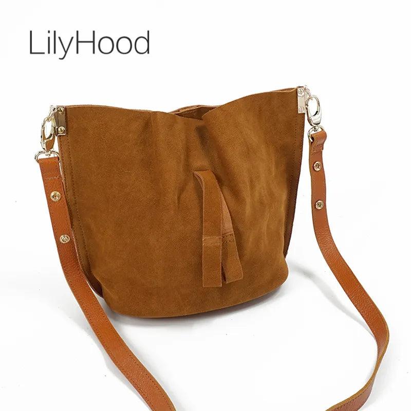 Real Leather Trendy Bucket Brown Nubuck Suede Over Shoulder Bag - L & M Kee, LLC