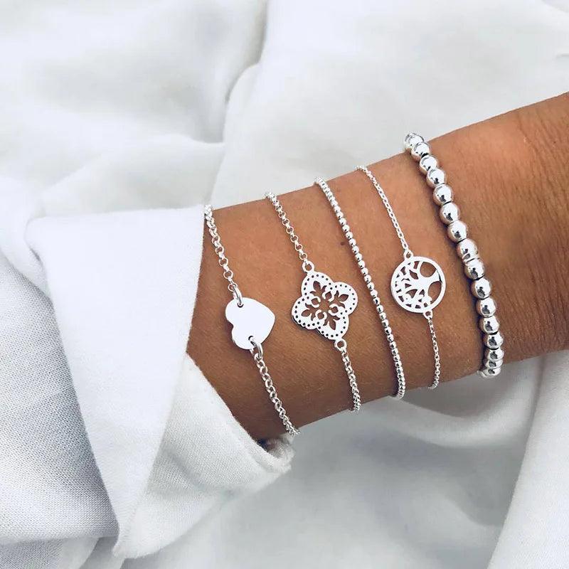 4pcs/Set Bohemian Stone beads chains bracelets Set For Women Metal Heart Round Tassel charm Bangle Fashion Jewelry - L & M Kee, LLC