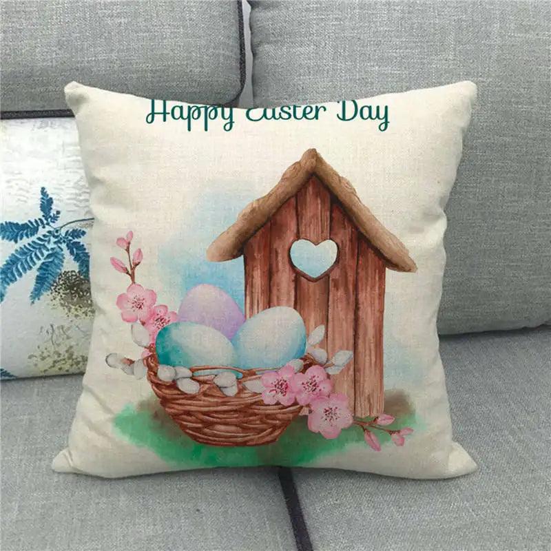 Spring Easter Decorative Cushion Cover 18x18in Pillow Covers Farmhouse Home Decor Cushion Case Eggs Bunny Linen Throw Pillowcase - L & M Kee, LLC