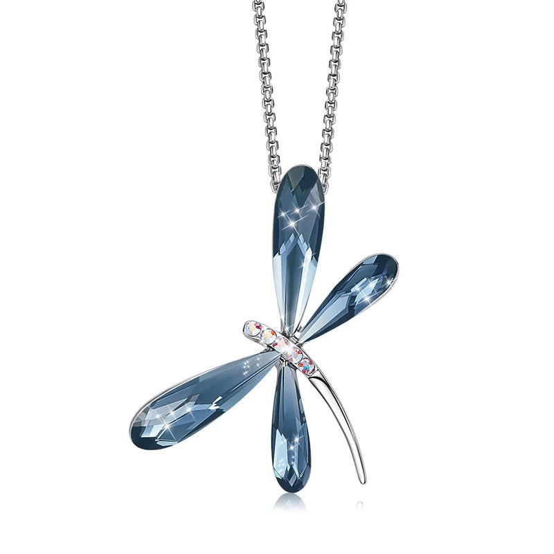 Cute Blue Purple Dragonfly Pendant Necklace Real Crystals From Austria Silver Color Chain Collars Luxury Jewelry For Girls Women