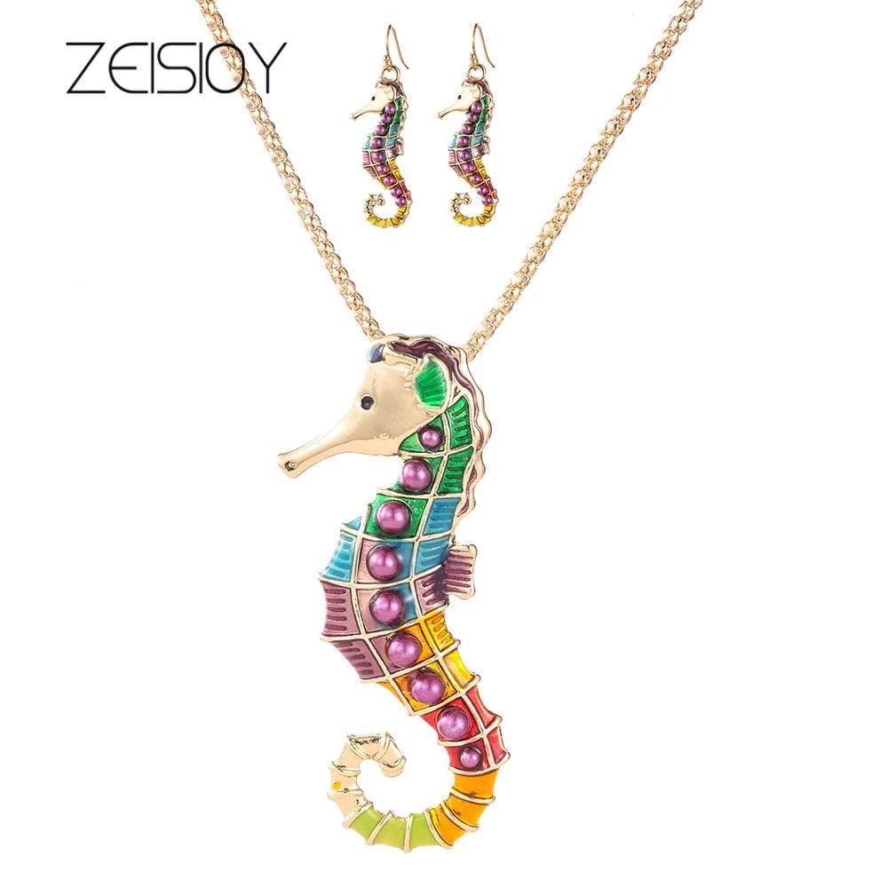 2-piece set of golden sea horse seahorse with dripping oil pendant necklace jewelry making-L & M Kee, LLC