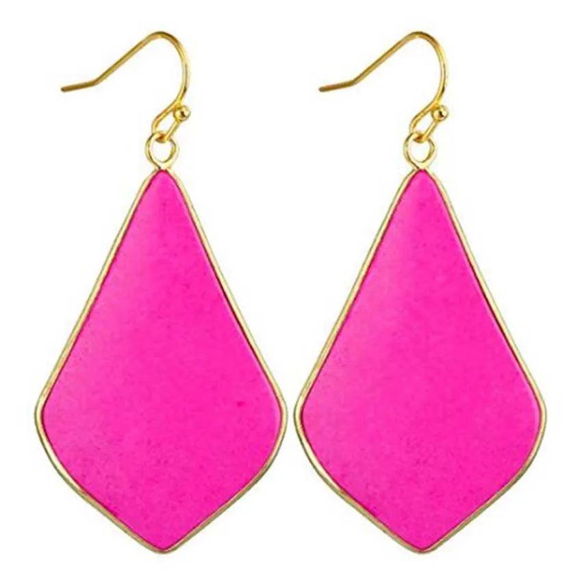 18K Gold Plated Rhombus Shaped Natural Stone Dangle Earrings - L & M Kee, LLC