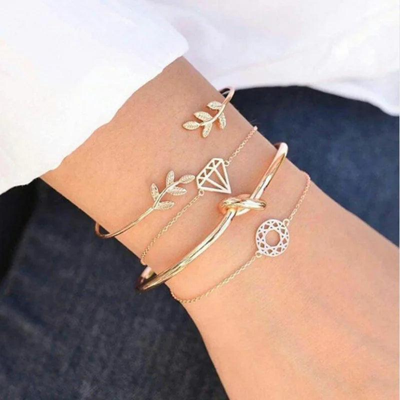 4pcs/Set Bohemian Stone beads chains bracelets Set For Women Metal Heart Round Tassel charm Bangle Fashion Jewelry - L & M Kee, LLC