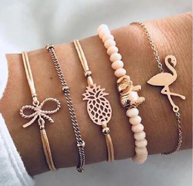 4pcs/Set Bohemian Stone beads chains bracelets Set For Women Metal Heart Round Tassel charm Bangle Fashion Jewelry - L & M Kee, LLC