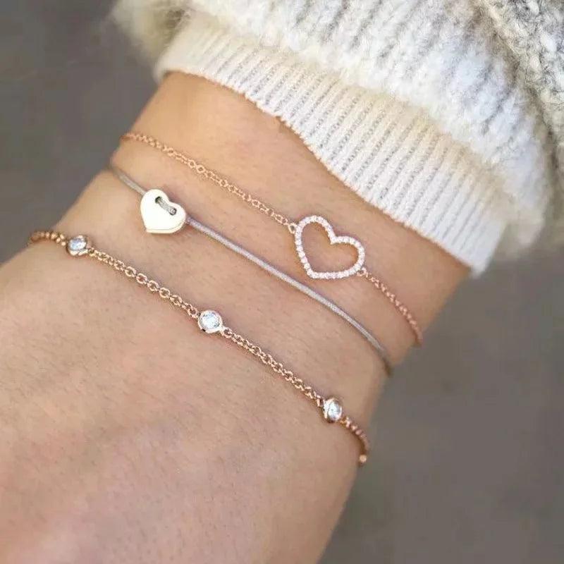 4pcs/Set Bohemian Stone beads chains bracelets Set For Women Metal Heart Round Tassel charm Bangle Fashion Jewelry - L & M Kee, LLC