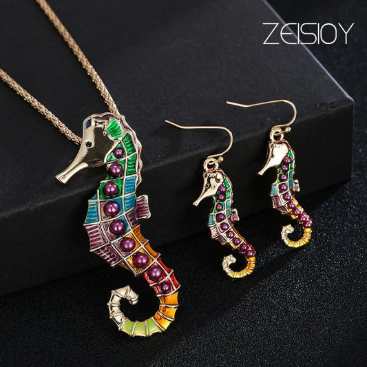2-piece set of golden sea horse seahorse with dripping oil pendant necklace jewelry making - L & M Kee, LLC