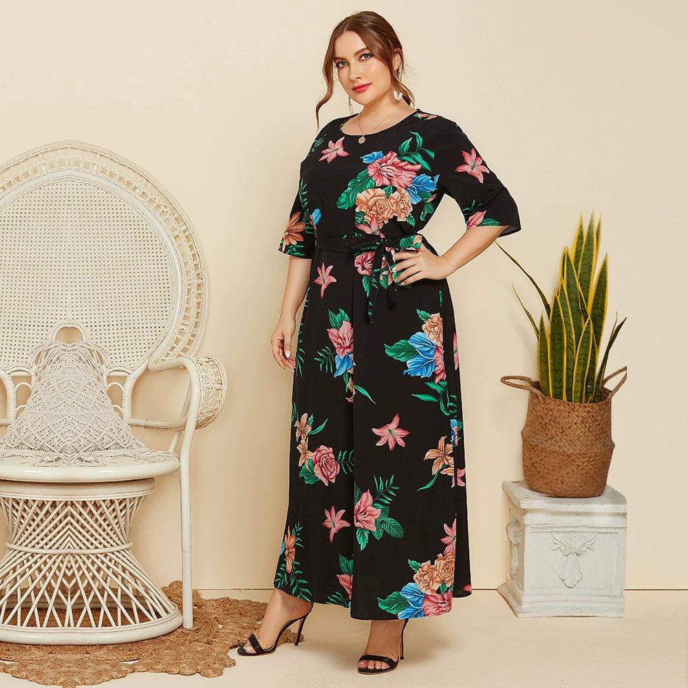 Plus Size Women Flower Printed Dress - L & M Kee, LLC