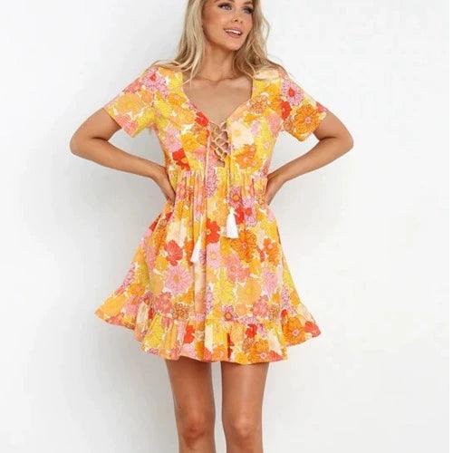 Dress New Arrival A- line Short Sleeve Dress Flower Print - L & M Kee, LLC