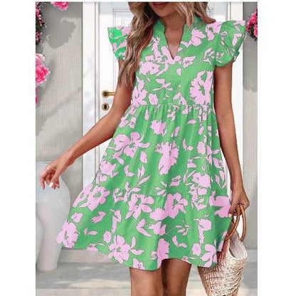 Fashion AliExpress Summer New Arrival Short Refreshing Stylish V Neck Print Flying Sleeves Dress Short Skirt Dress - L & M Kee, LLC