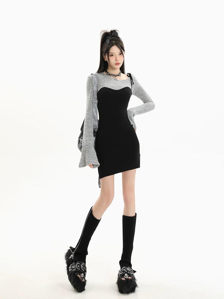 Sweet and Spicy Wind Black Bodycon Dress Fake Two-Piece Suit Sweater