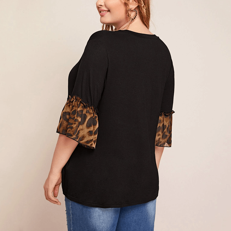 Chubby Girls plus Size Leopard Splicing Casual round Neck T-shirt