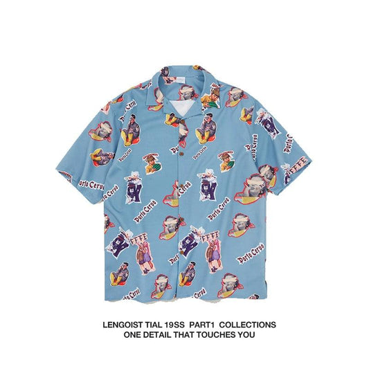 80S Daily Break Retro Lapels Printed Shirt Short Sleeve-L & M Kee, LLC