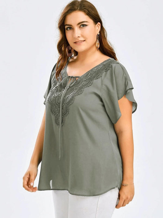 Women's European and American-Style Large-Size Panel Short-Sleeve Lace - L & M Kee, LLC