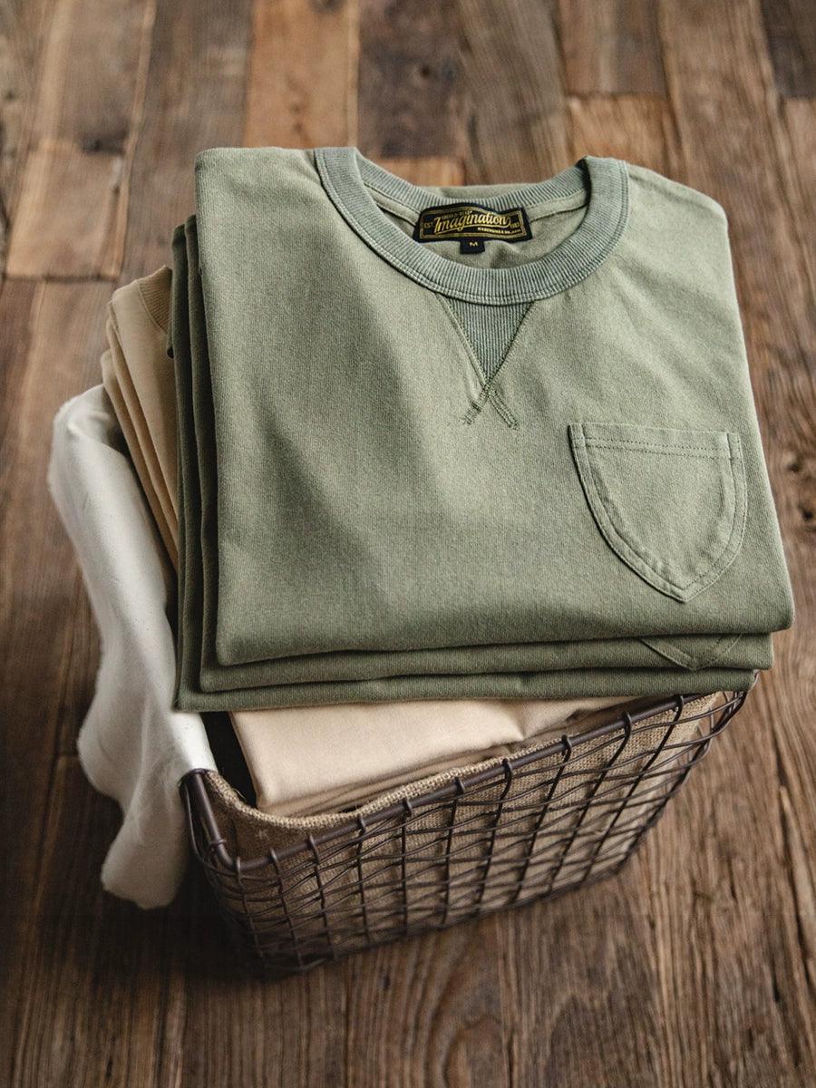 Retro Army Green T-shirt Minimalist round Neck Pocket Short Sleeve Amekaji Solid Color T-shirt Men - L & M Kee, LLC