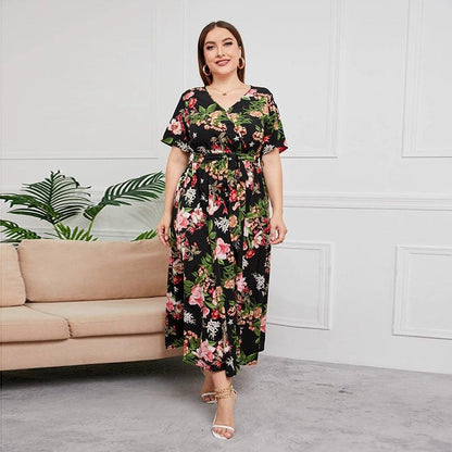 Deep V Neck Feather Print Plus Size Long Dress - L & M Kee, LLC