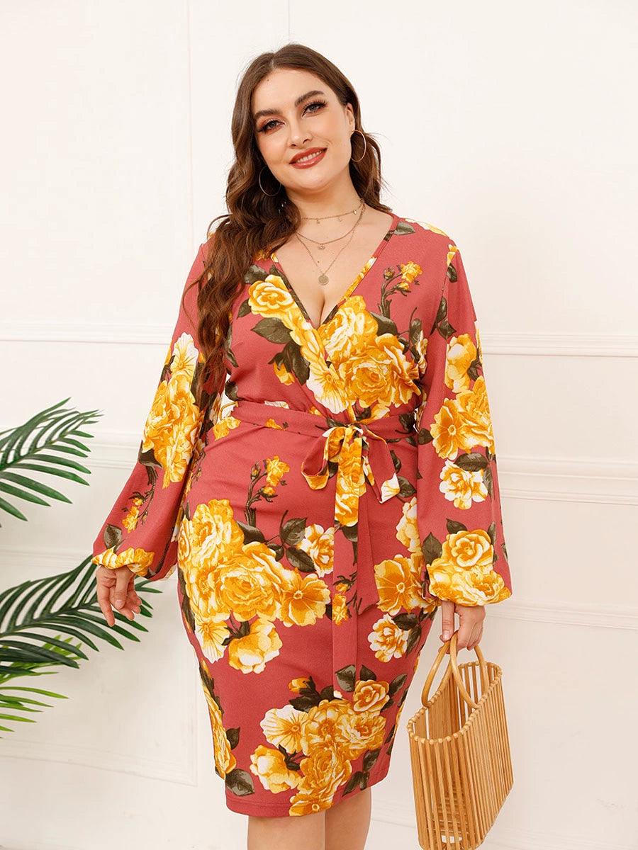 Plus Size Women Summer Loose V-neck Print Party Dinner Dress - L & M Kee, LLC