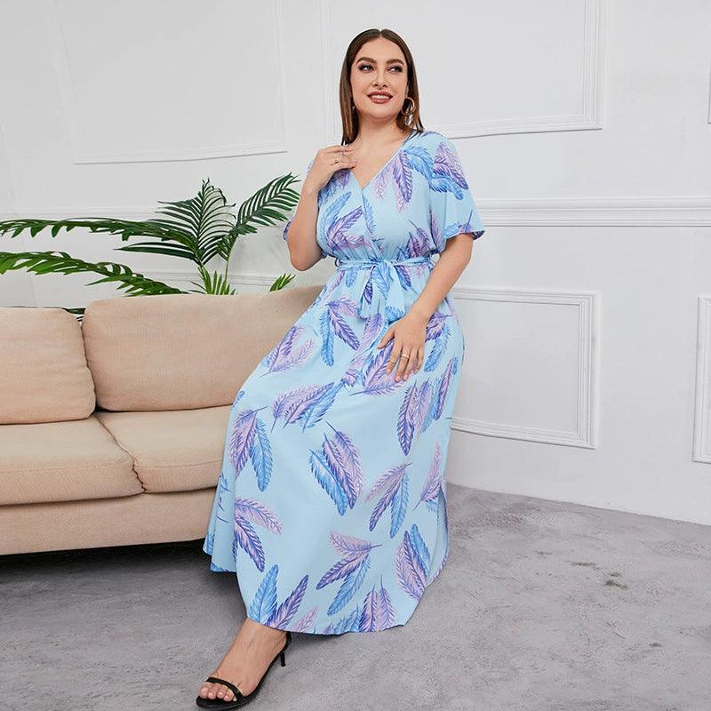 Deep V Neck Feather Print Plus Size Long Dress - L & M Kee, LLC