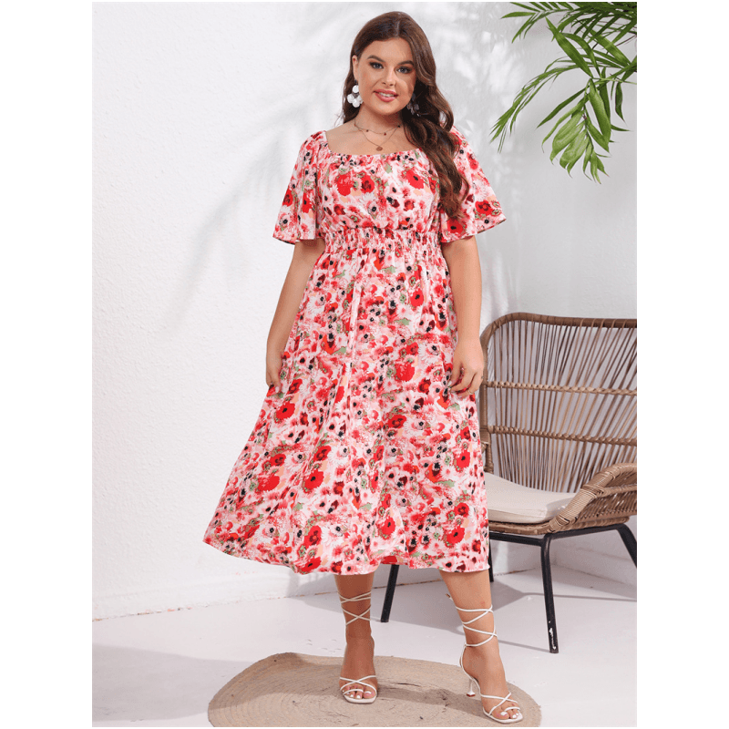 Summer Square Collar Slim-Fit plus Size Dress - L & M Kee, LLC