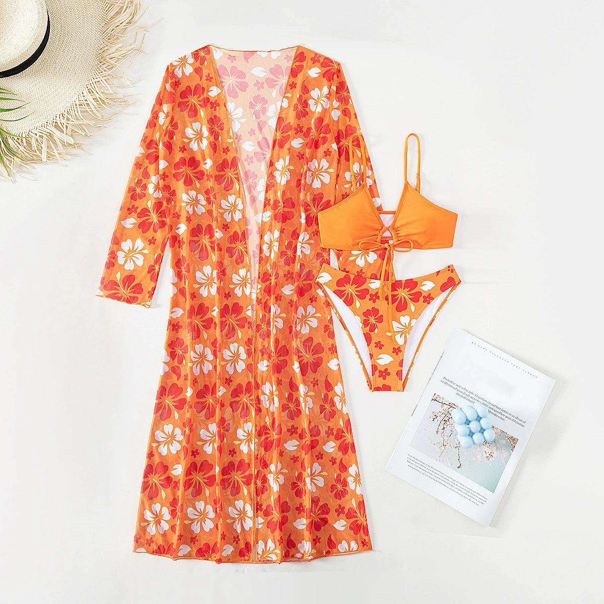 Fashion Lace Printing Smock Three-Piece Sexy Bikini Swimsuit Women's Three-Piece Swimsuit - L & M Kee, LLC