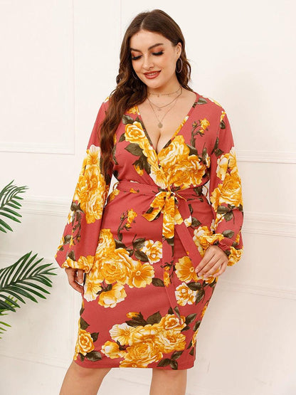 Plus Size Women Summer Loose V-neck Print Party Dinner Dress - L & M Kee, LLC