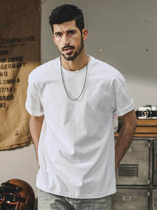 32 Double Yarn Smooth Cotton 250G Heavy Basic Solid Color round Neck Short Sleeves T-shirt Men's Summer Loose All-Match White T - L & M Kee, LLC
