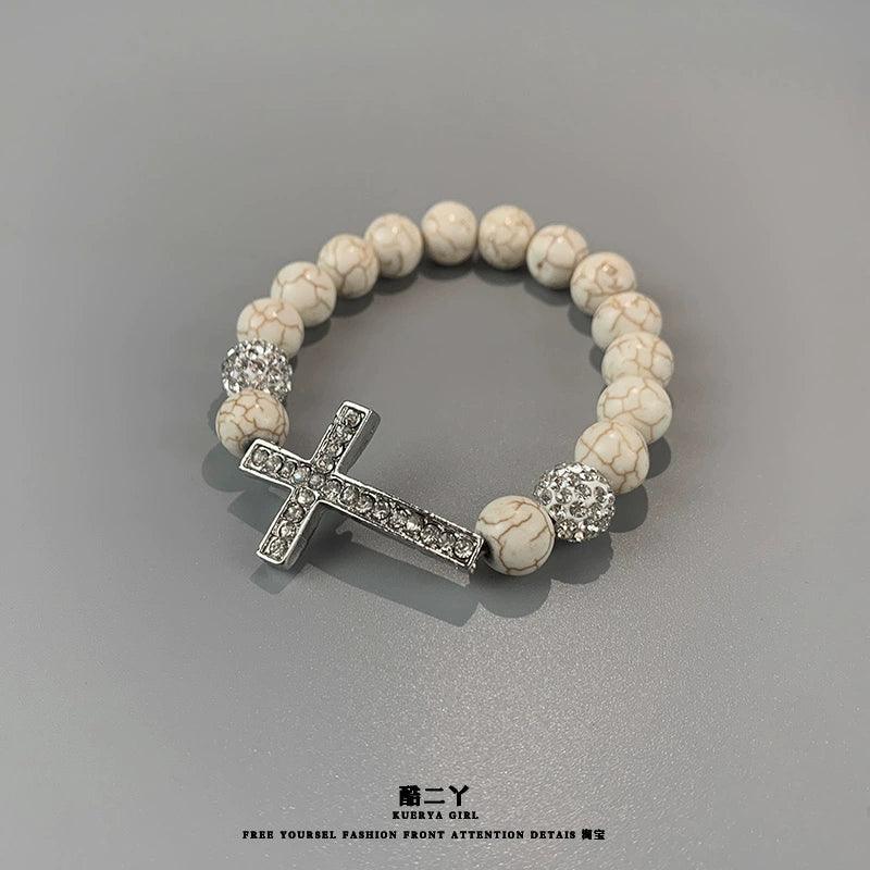 Diamond Cross Beaded Bracelet Special-Interest Design Turquoise Elastic Bracelet Peach Heart Pearl Watch Bracelet - L & M Kee, LLC