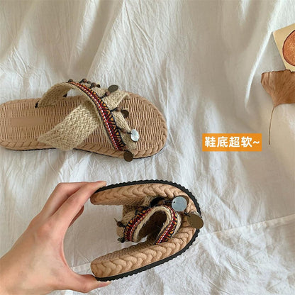 INS Handmade Thai Style Woven Beach Slippers Women's Summer Outdoor 2024 New Vacation Ethnic Style Sandals - L & M Kee, LLC