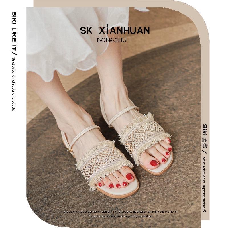 Two-Way Flats Slippers Fairy Outer Wear plus Size 41-43 Sandals Bohemian Beach Beach Sandals - L & M Kee, LLC